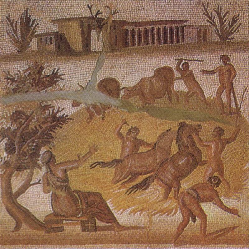 unknow artist Mosaic from the Roman villa at Zliten in Tripolitania showing horses and cattle threshing corn